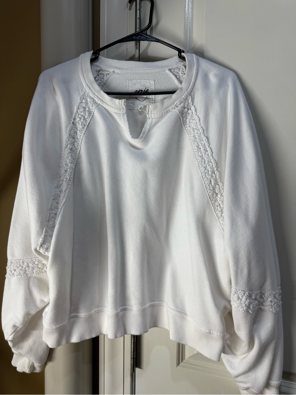 aerie White Lace-Trim Pullover Sweatshirt